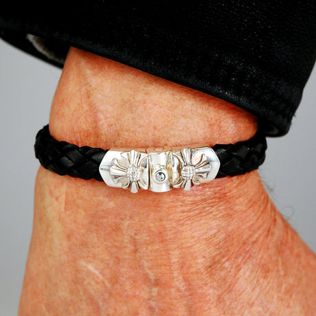 Silver-Leather Bracelet MALTESE CROSS with METEORITE Silver Jointlock 10