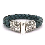 Silver Leather Bracelet GARDEN AT NIGHT Engraved Jointlock 13