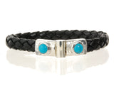 Silver Leather Bracelet Hammered Jointlock Round Turquoise 10