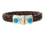 Silver Leather Bracelet Hammered Jointlock Round Turquoise 13