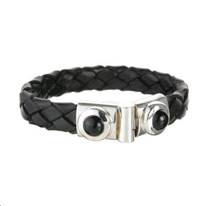Silver-Leather Bracelet and Round Fat Frame with Stone Silver Jointlock