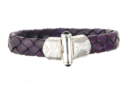 Silver-Leather Bracelet GARDEN AT NIGHT Silver Jointlock Engraved 13