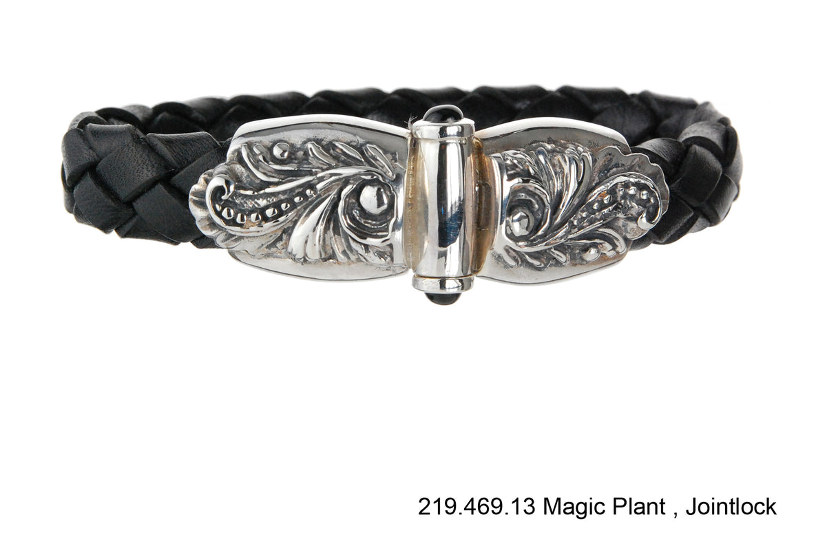 Silver-Leather Bracelet MAGIC PLANT Jointlock with two cabochon stones for 13mm leather