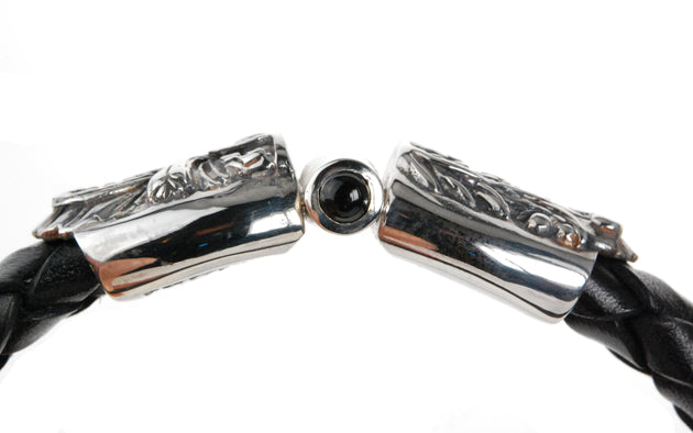 Silver-Leather Bracelet MAGIC PLANT Jointlock with two cabochon stones for 13mm leather