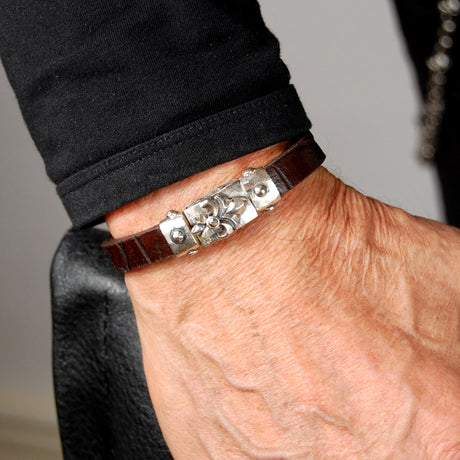 Silver-Leather Bracelet LILY Faceted Boxlock with METEORITE for 10mm leather