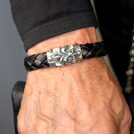 Silver-Leather Bracelet LILY and METEORITE Boxlock Faceted for 13mm leather