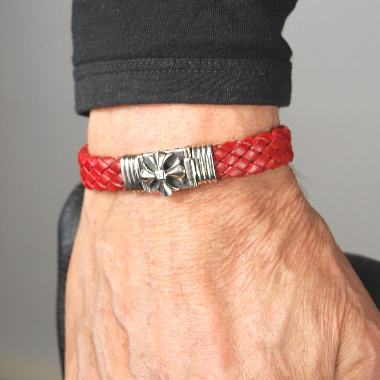 Silver-Leather Bracelet MALTESER CROSS Faceted Boxlock with METEORITE for 10mm leather