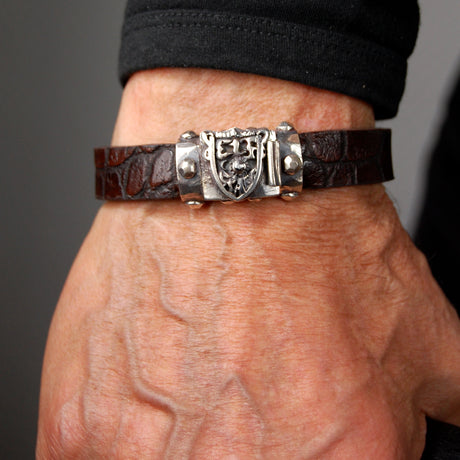 Silver-Leather Bracelet SHIELD with METEORITE Lock Faceted for 13mm leather