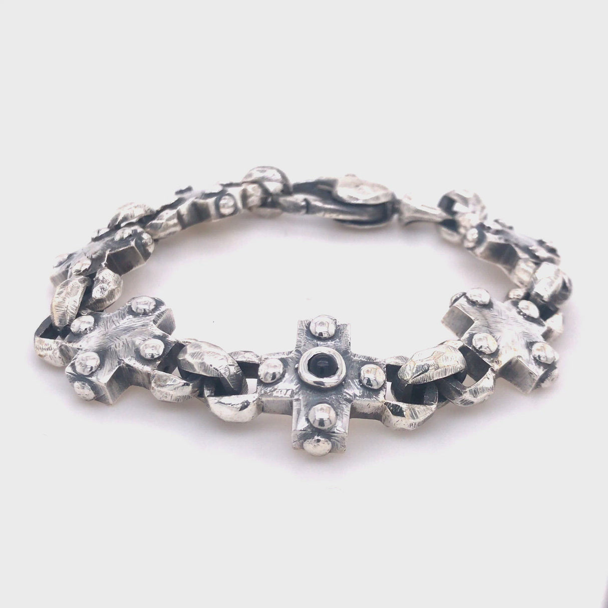 Silver Bracelet Greek Crosses and Peas Chain M Faceted with Karabiner