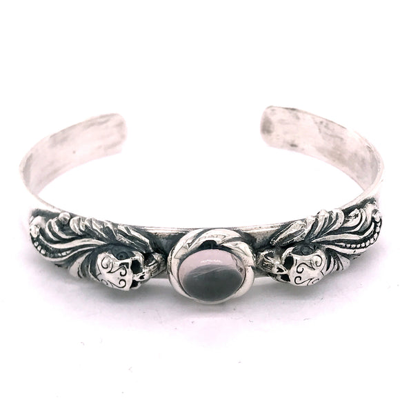 Silver Bangle MAGIC PLANT and SKULL with Oval Stone