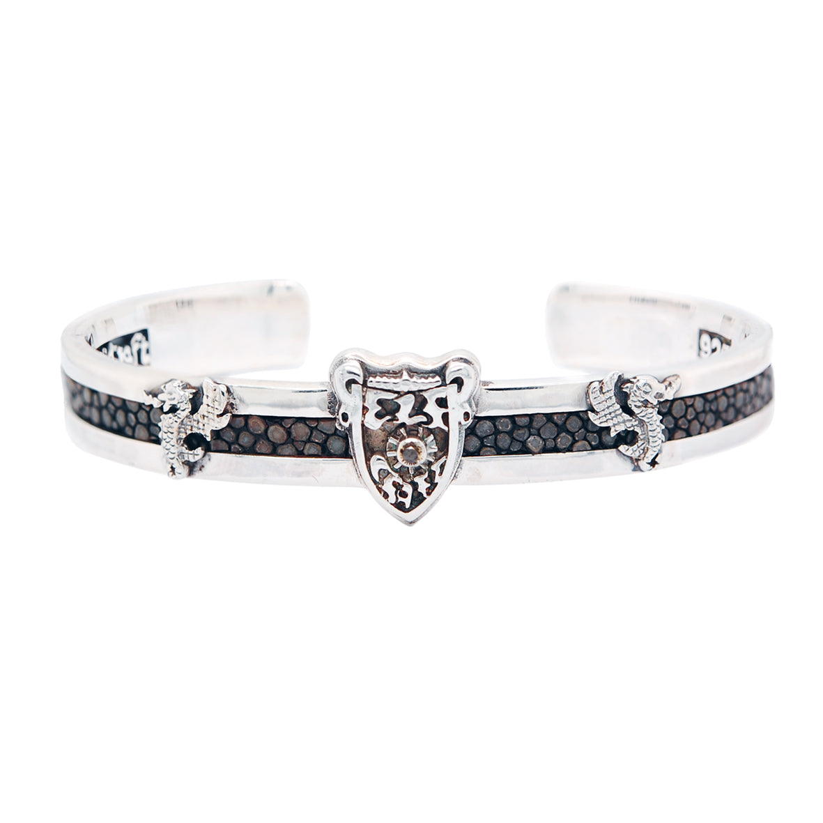 Silver Bangle SEARAY Leather Stripe with SHIELD and CROWNS Cross