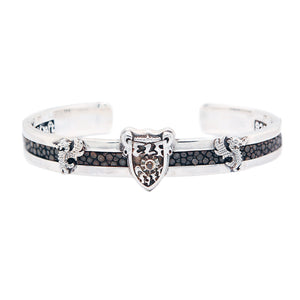 Silver Bangle SEARAY Leather Stripe with SHIELD and CROWNS Cross