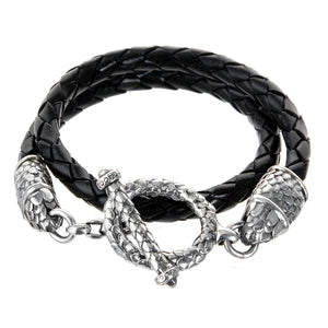 Silver Leather Bracelet  DRAGON SCALES  Double Wrap Loop and Stick 6