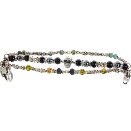 Silver Bracelet Silver Beads and TUBES and SKULL Hammered and Stone Beads