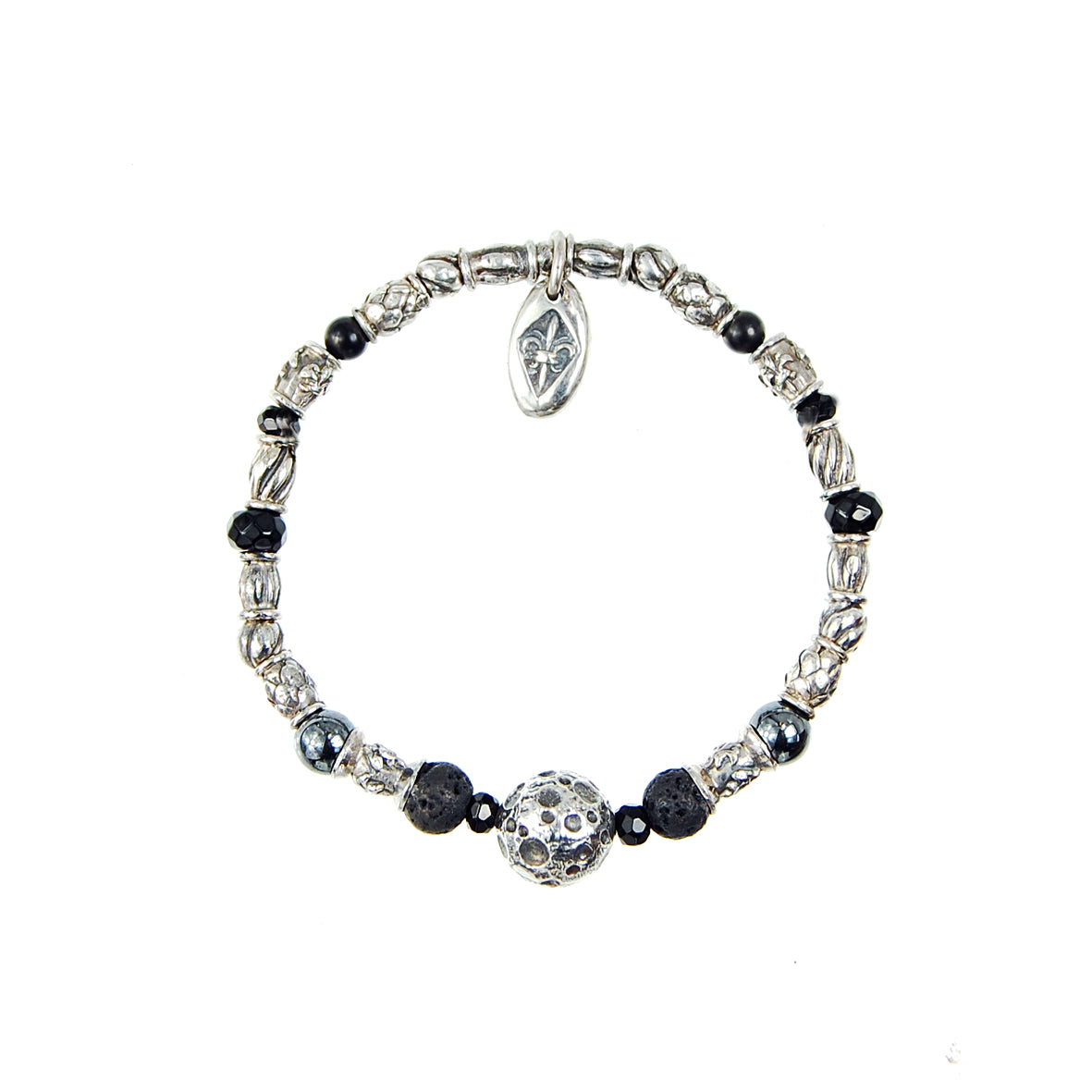 Silver Bracelet Decor Tubes and M00N with Stone Beads on Rubber