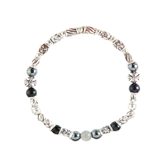 Silver Bracelet TUBES Elfin Lilies, Dragon Scales Spirals Stars with Malteser Cross and Stone Beads