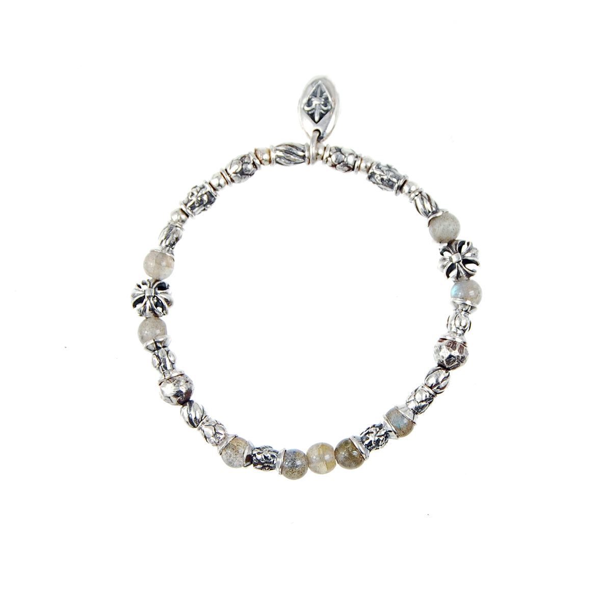 Silver Bracelet TUBES Elfin Lilies, Dragon Scales Spirals Stars with Malteser Cross and Stone Beads
