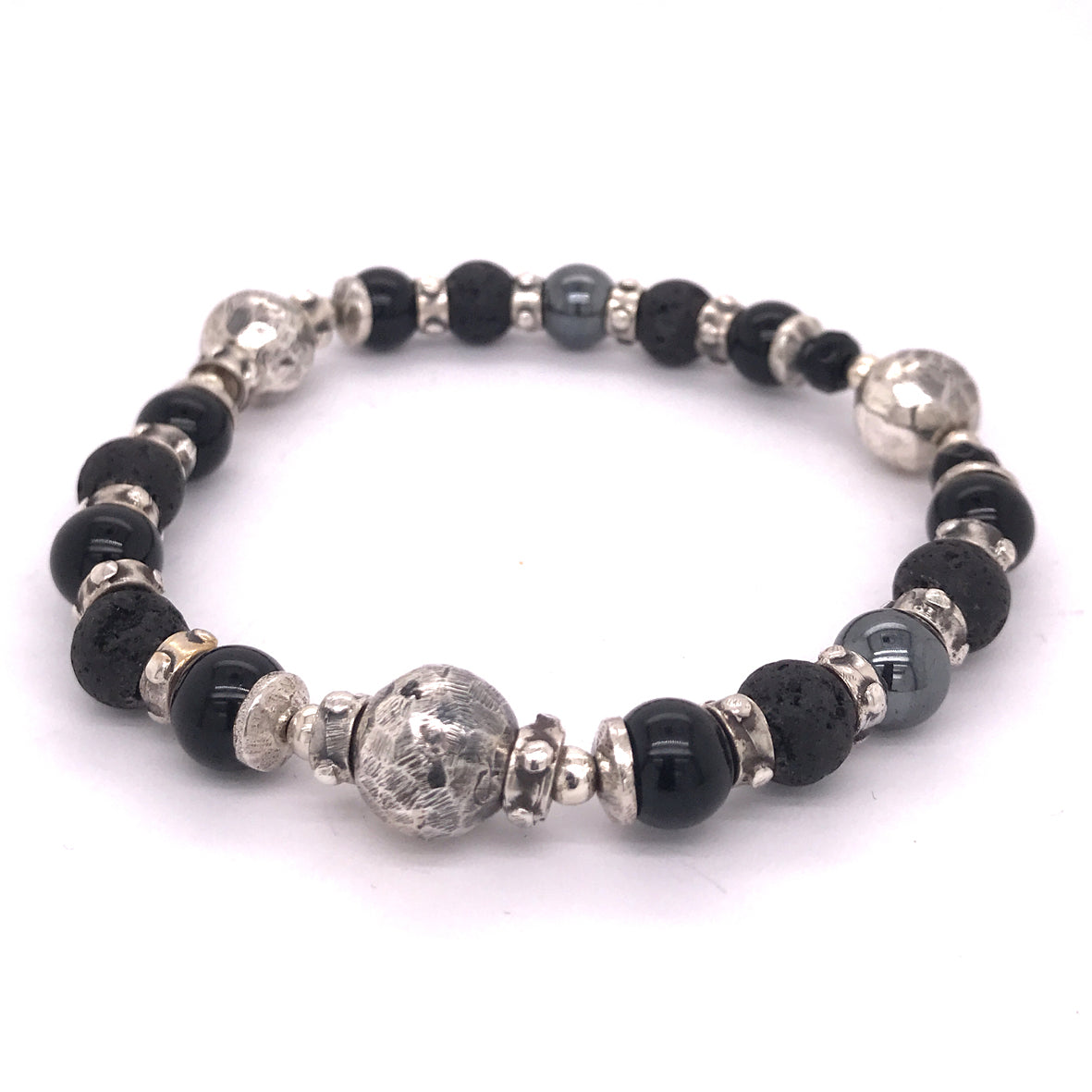 Silver and Beads Bracelet with FACETED SILVER BALLS on Rubber