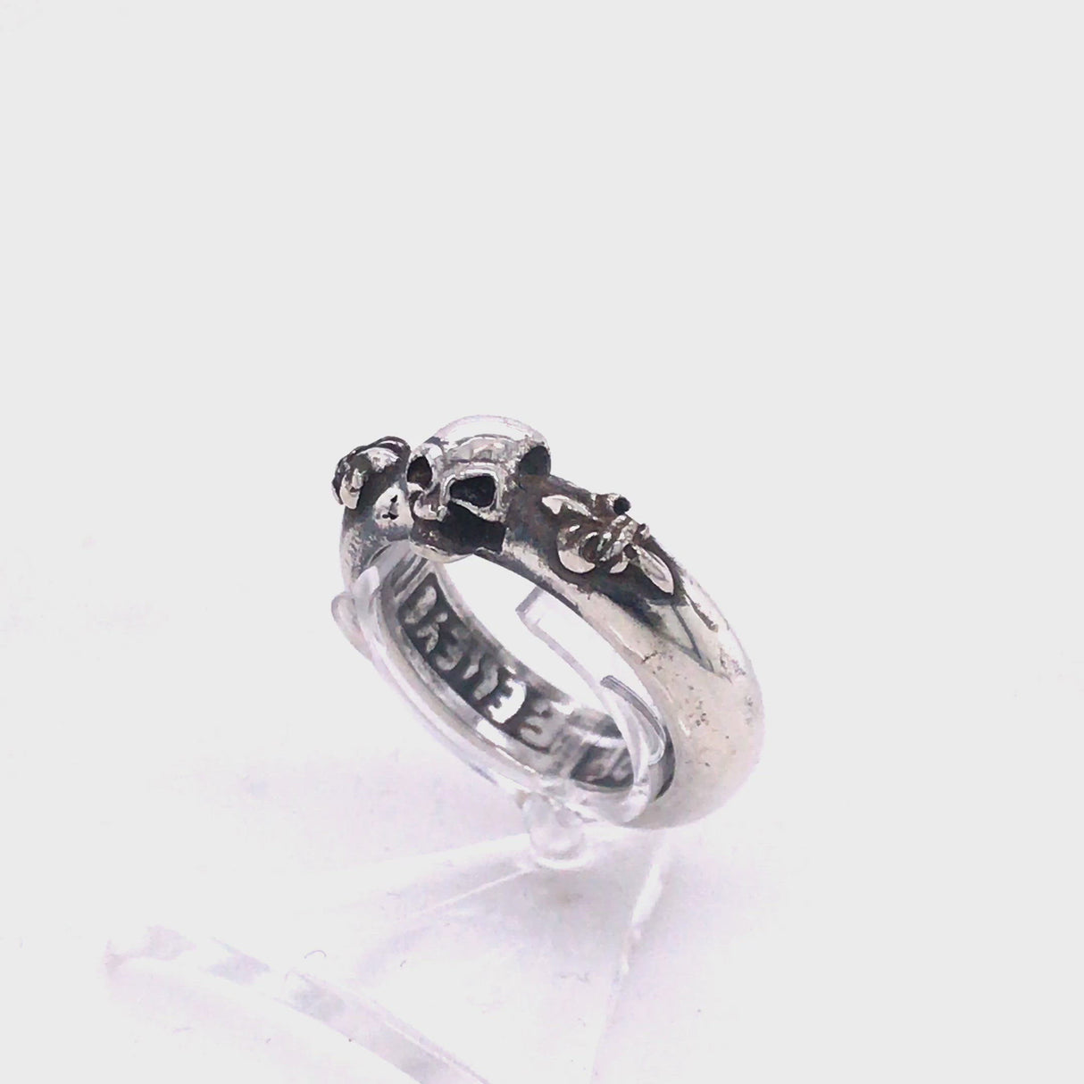 Silver Ring SKULL with LILIES on Plain Band