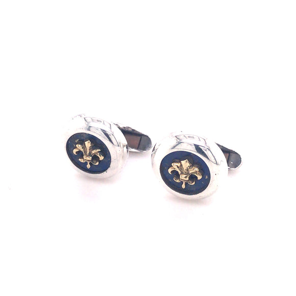 Silver Cufflink Round FF with 18ct Gold LILY on Lapis