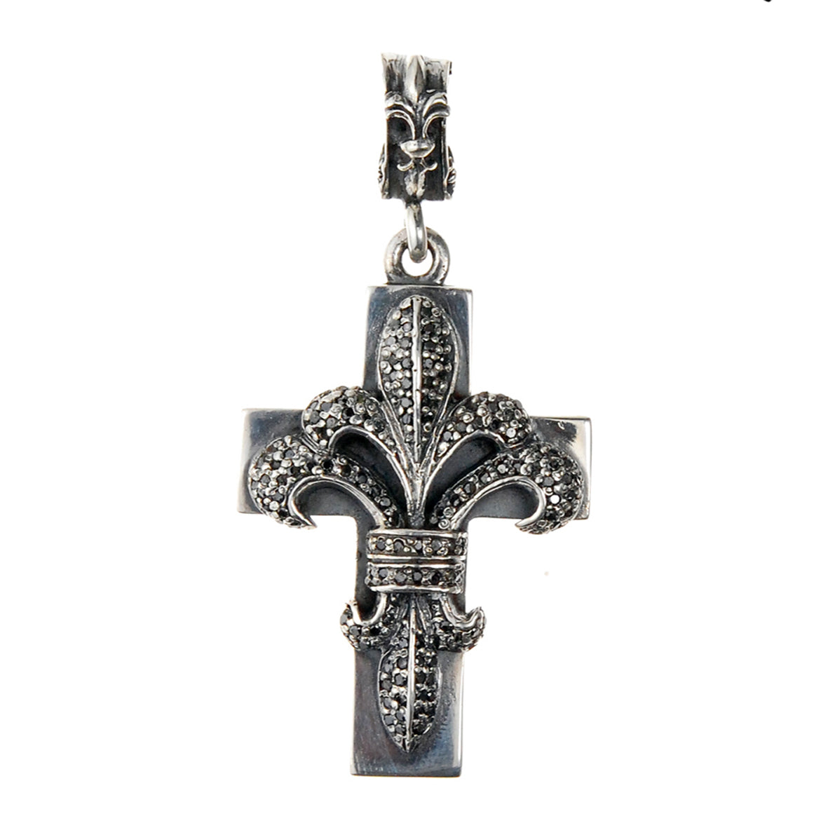 Silver Pendant LILY ON CROSS M Pave Diamond Black