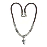 Silver Leather Neckband CROWNED SKULL with Crosstubes and Fishheads