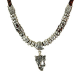 Silver Leather Neckband CROWNED SKULL with Crosstubes and Fishheads