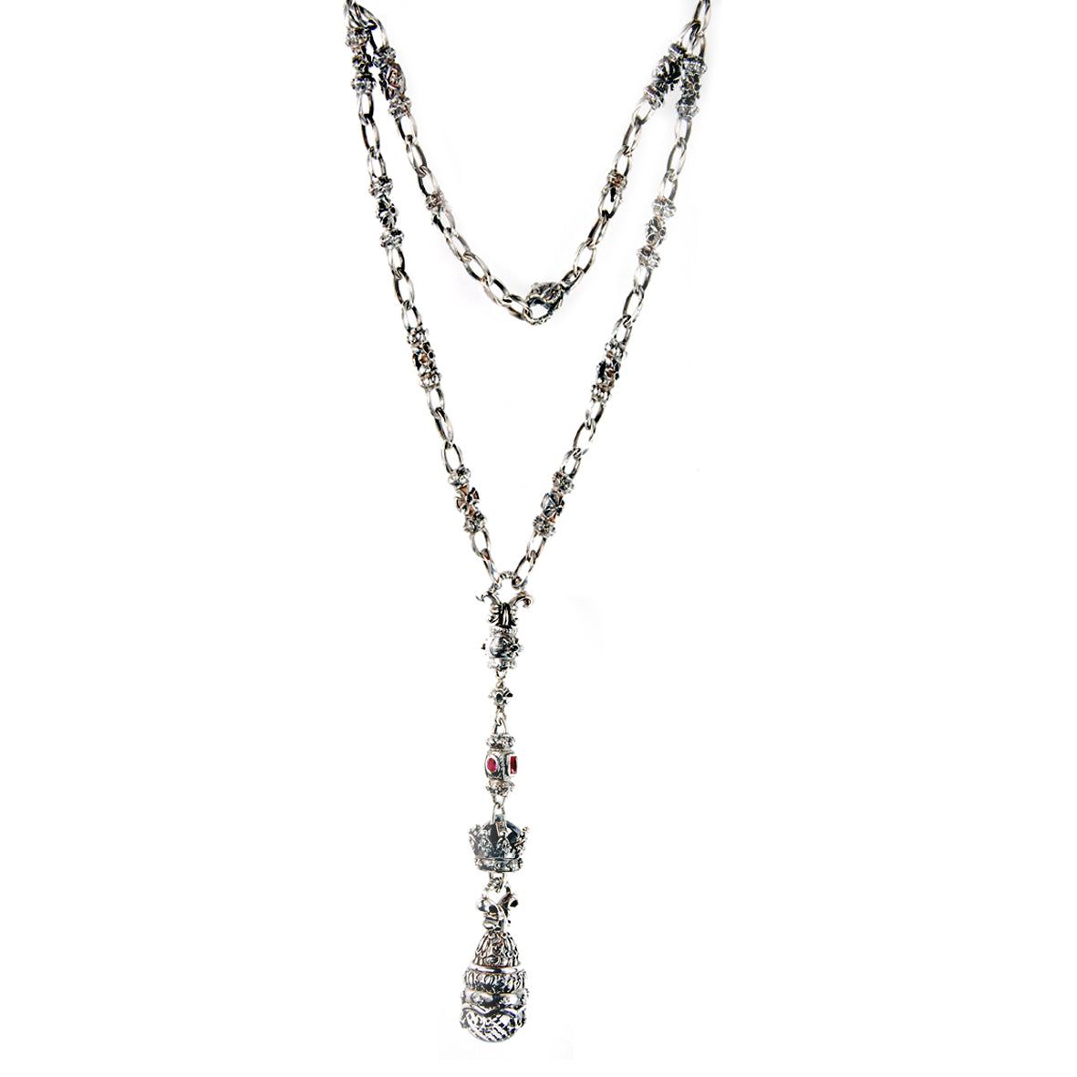 Silver Fetish Chain Navette Malteser Crescent M-star with Bell Crown Holder Stone