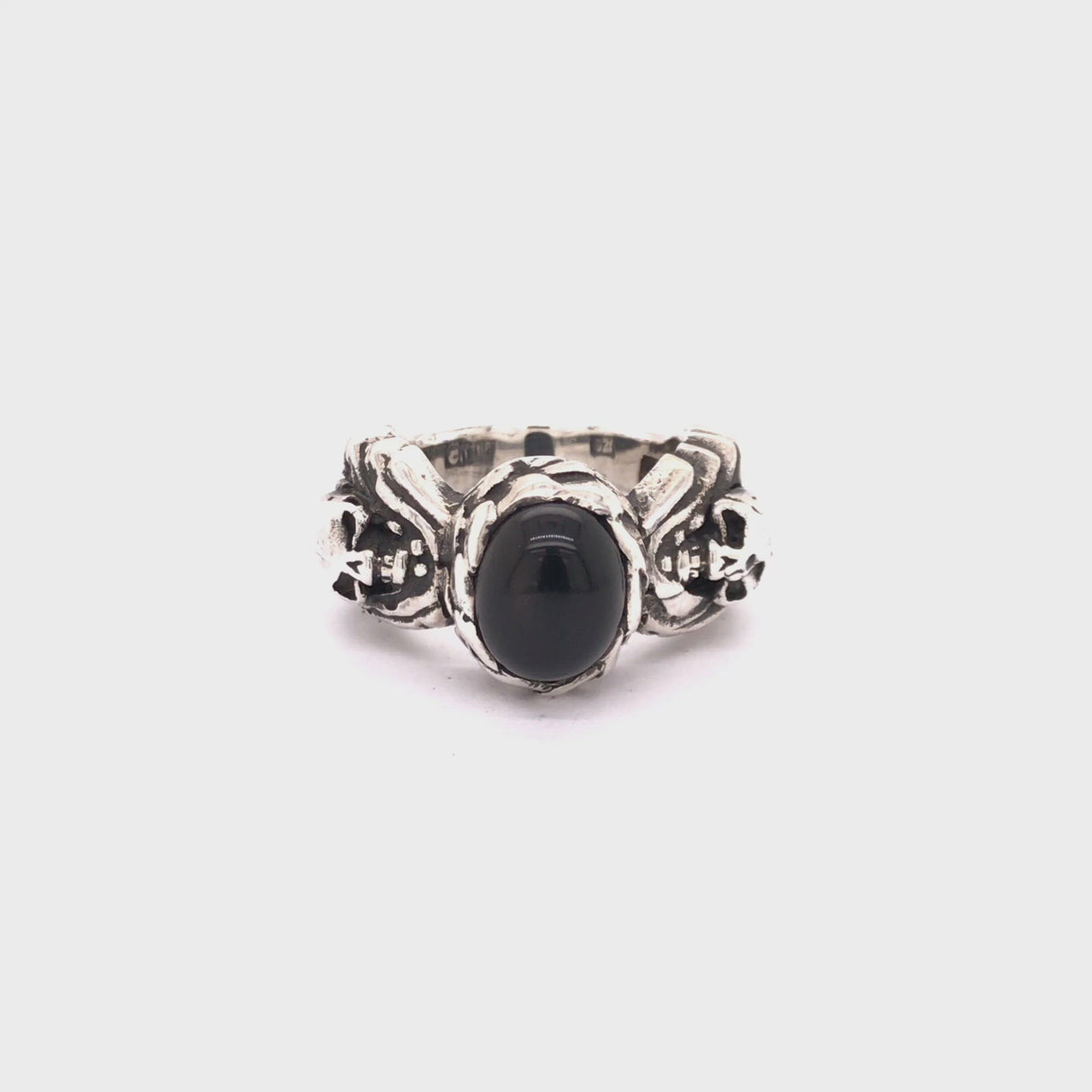 Silver Ring MAGIC PLANT with Scull and Oval Onyx
