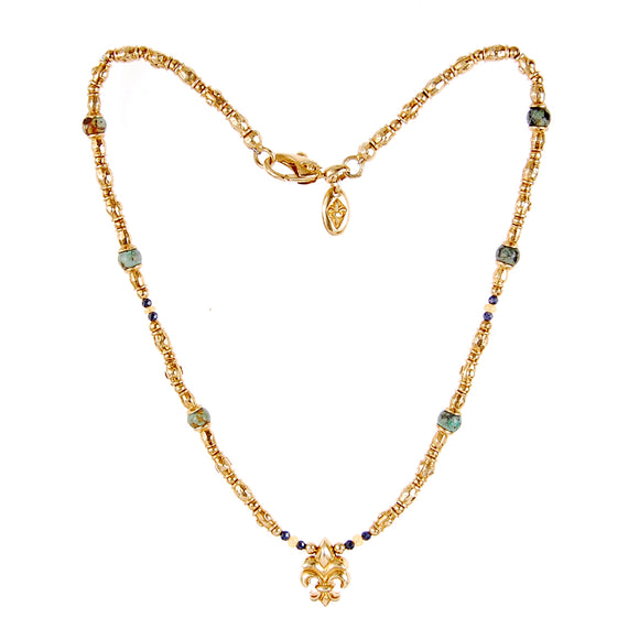 Silver Neckchain Rough TUBES and LILY Gold plated and Fine Stones