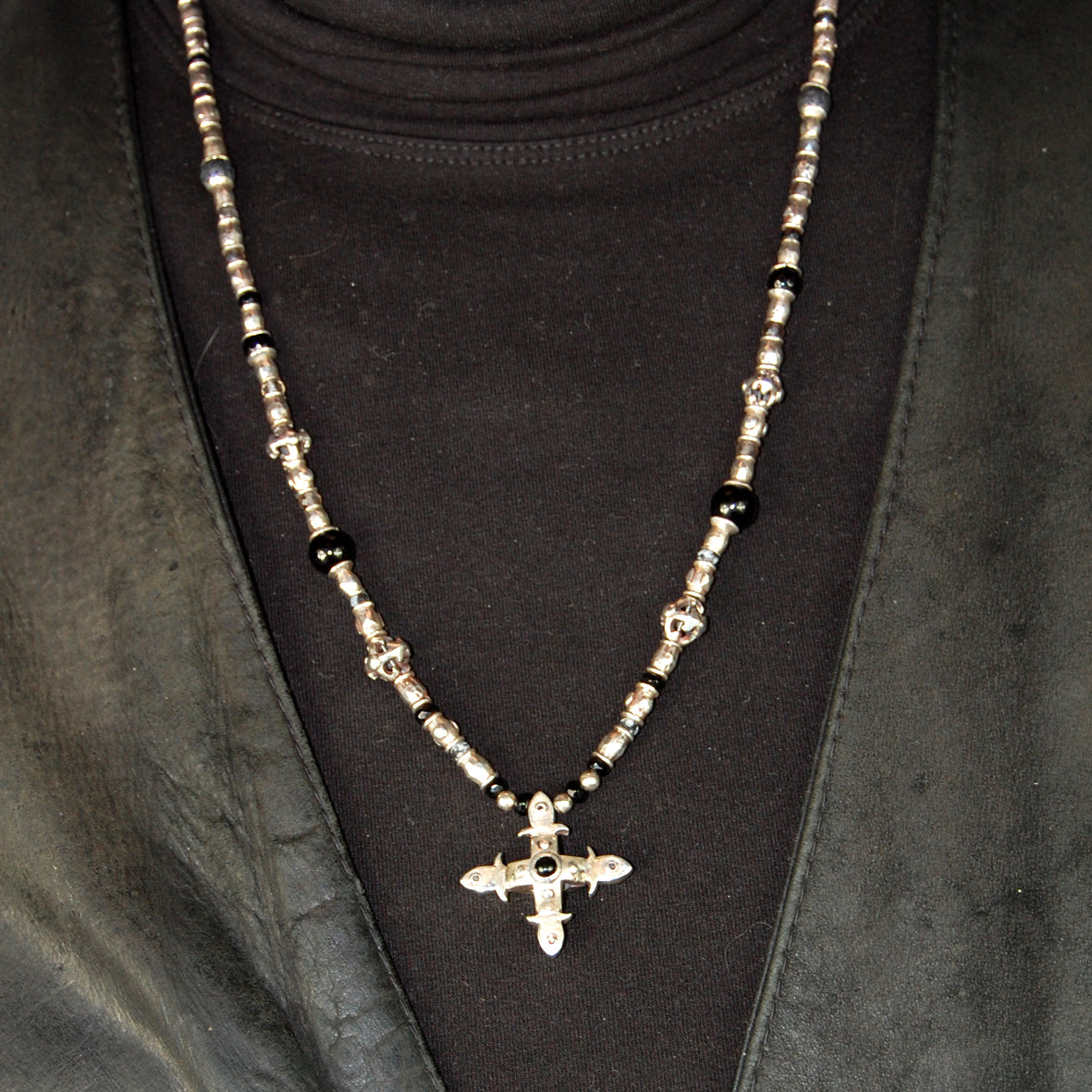 Silver Necklace Tubes with SMITH CROSS Body and Beads and Blades Cross Balls