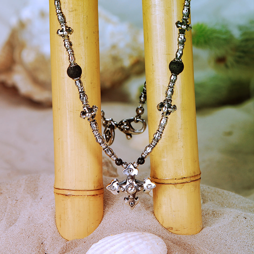 Silver Necklace BLADES CROSS Pendant and TUBES with BEADS