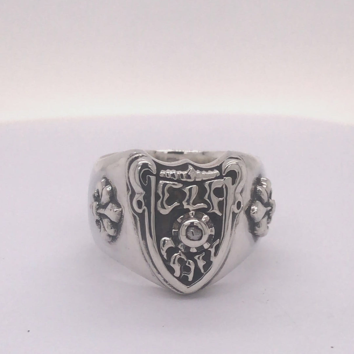 Silver Ring ElfCraft Shield with Meteorit and 2 Lilies Band