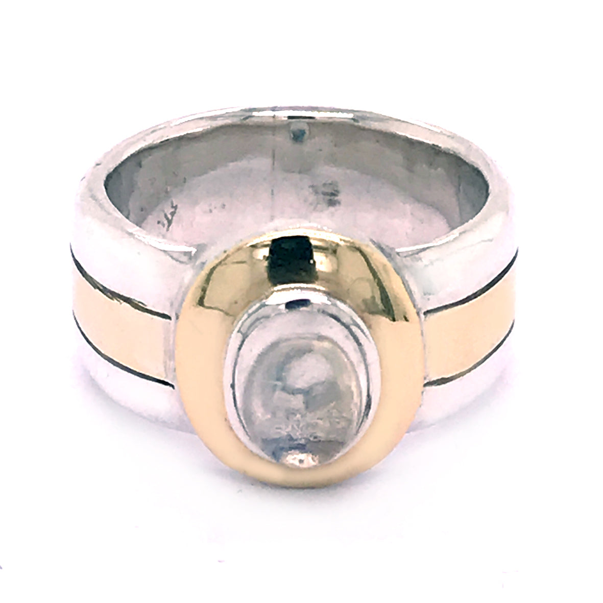 Silver Ring Oval Moonstone with 18ct Gold Stripes