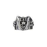 Silver Ring ElfCraft Shield with Meteorit and 2 Lilies Band