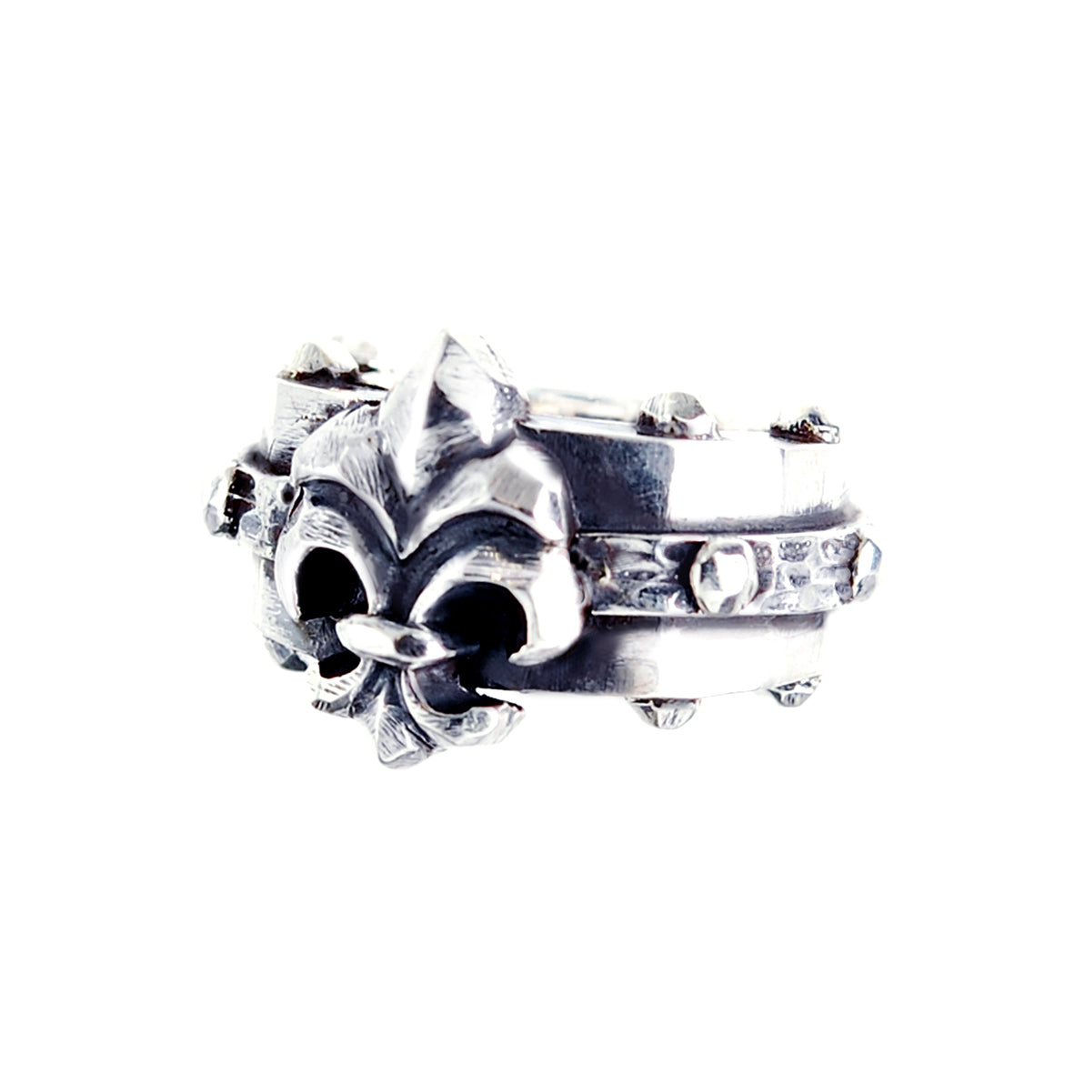 Silver Ring Faceted Body with Rivets and Upright Lily