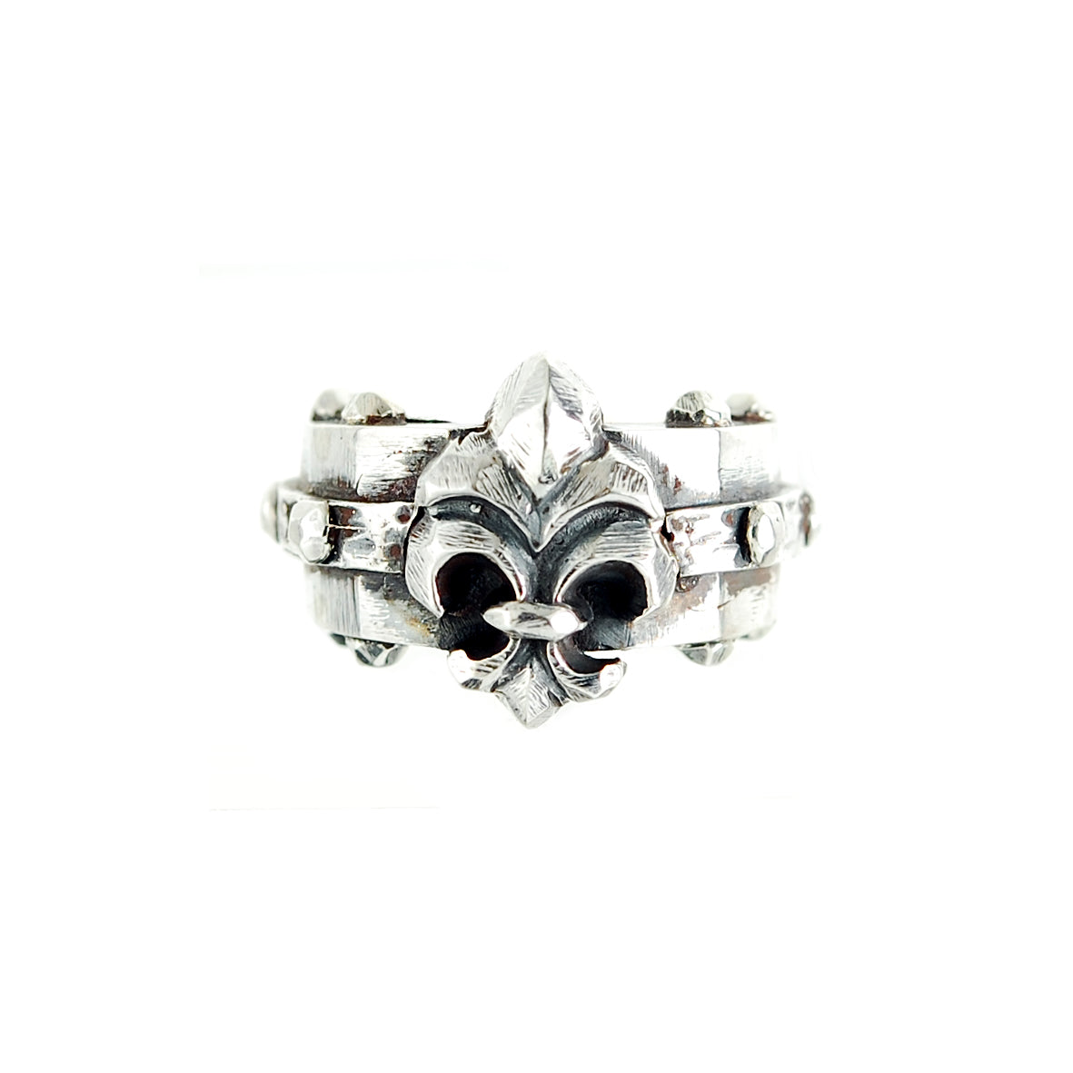 Silver Ring Faceted Body with Rivets and Upright Lily