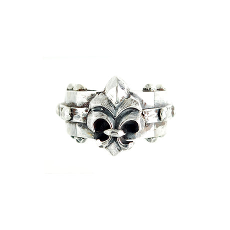 Silver Ring Faceted Body with Rivets and Upright Lily