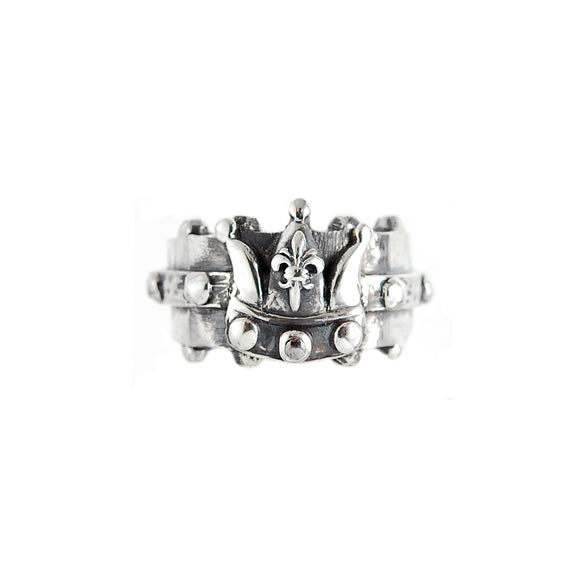 Silver Ring KINGS CROWN Facetted Body Rivets Hammered Bands
