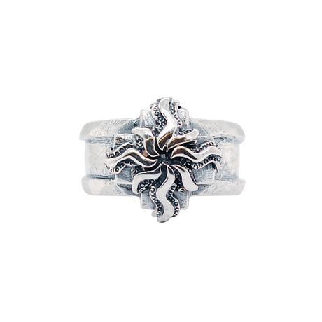 Silver Ring Greek Cross with Elfin SUN on Stripe Band