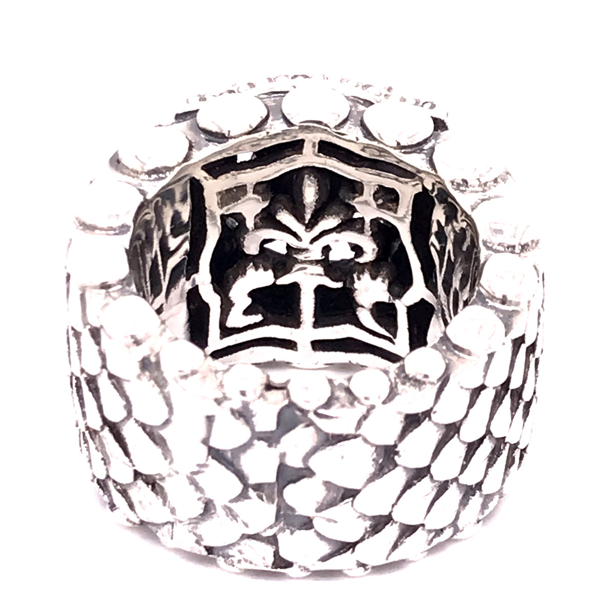 Silver Ring DRAGON SCALES Band with BAROQUE and LILY Open