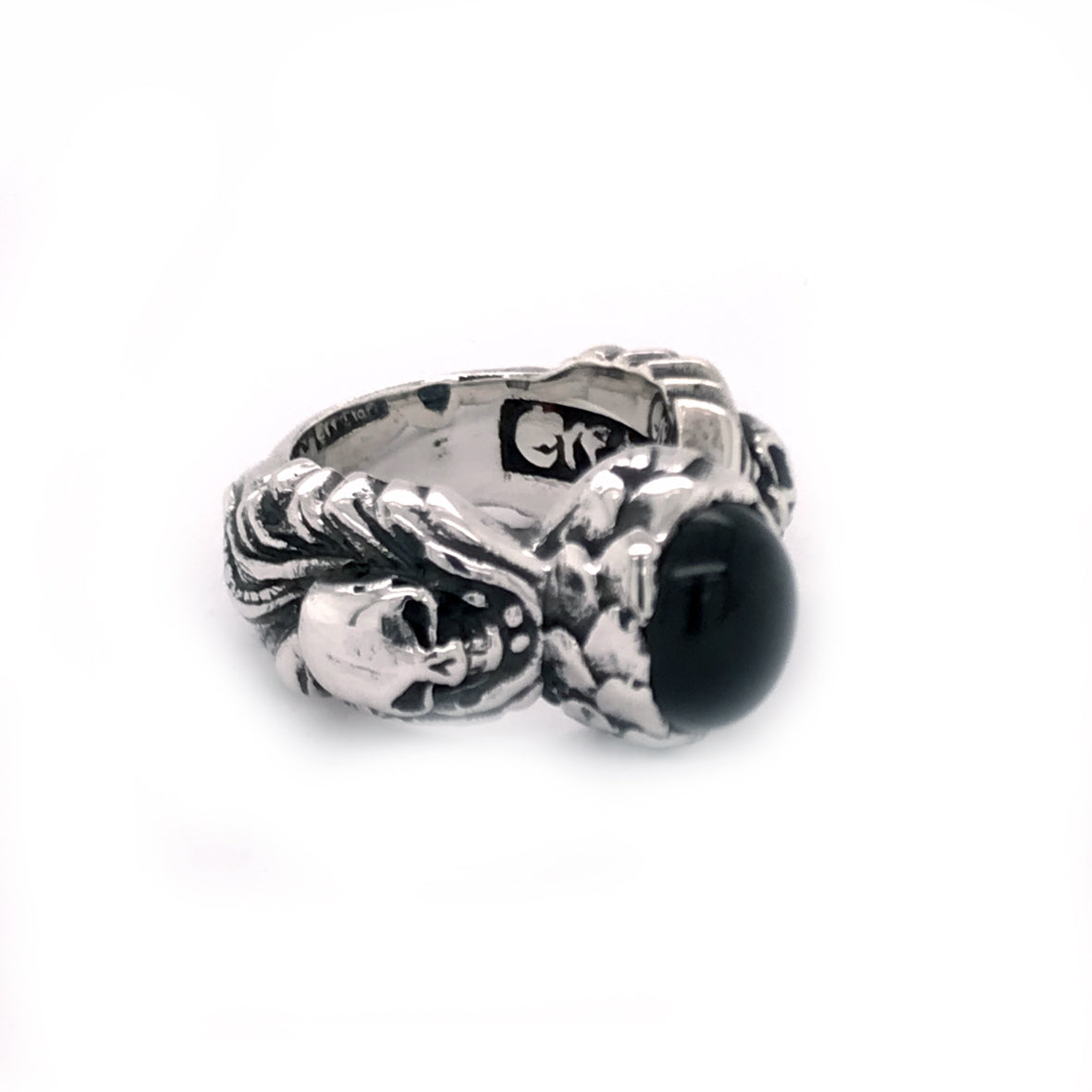 Silver Ring MAGIC PLANT with Scull and Oval Onyx