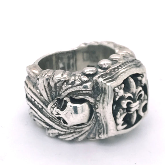 Silver Ring MAGIC PLANT Band SKULL with BAROQUE Frame and Open Lily