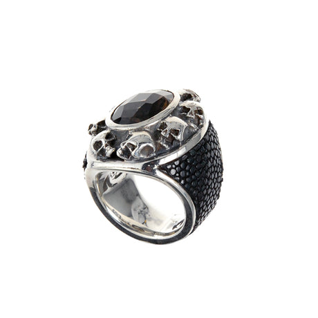 Silver Ring Oval Stoneholder with Skulls and Searay Leather