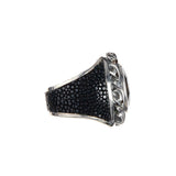 Silver Ring Oval Stoneholder with Skulls and Searay Leather