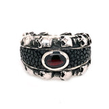 Silver Ring Oval Stone and SKULLS Frame with Searay Leather Band