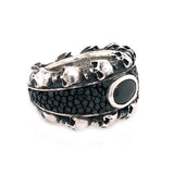 Silver Ring Oval Stone and SKULLS Frame with Searay Leather Band