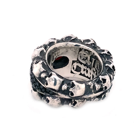 Silver Ring Oval Stone and SKULLS Frame with Searay Leather Band