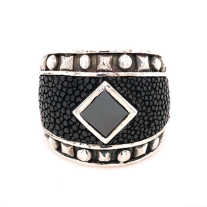 Silver Ring PYRAMIDE Stone and Pyramides Frame with Searay Leather Band