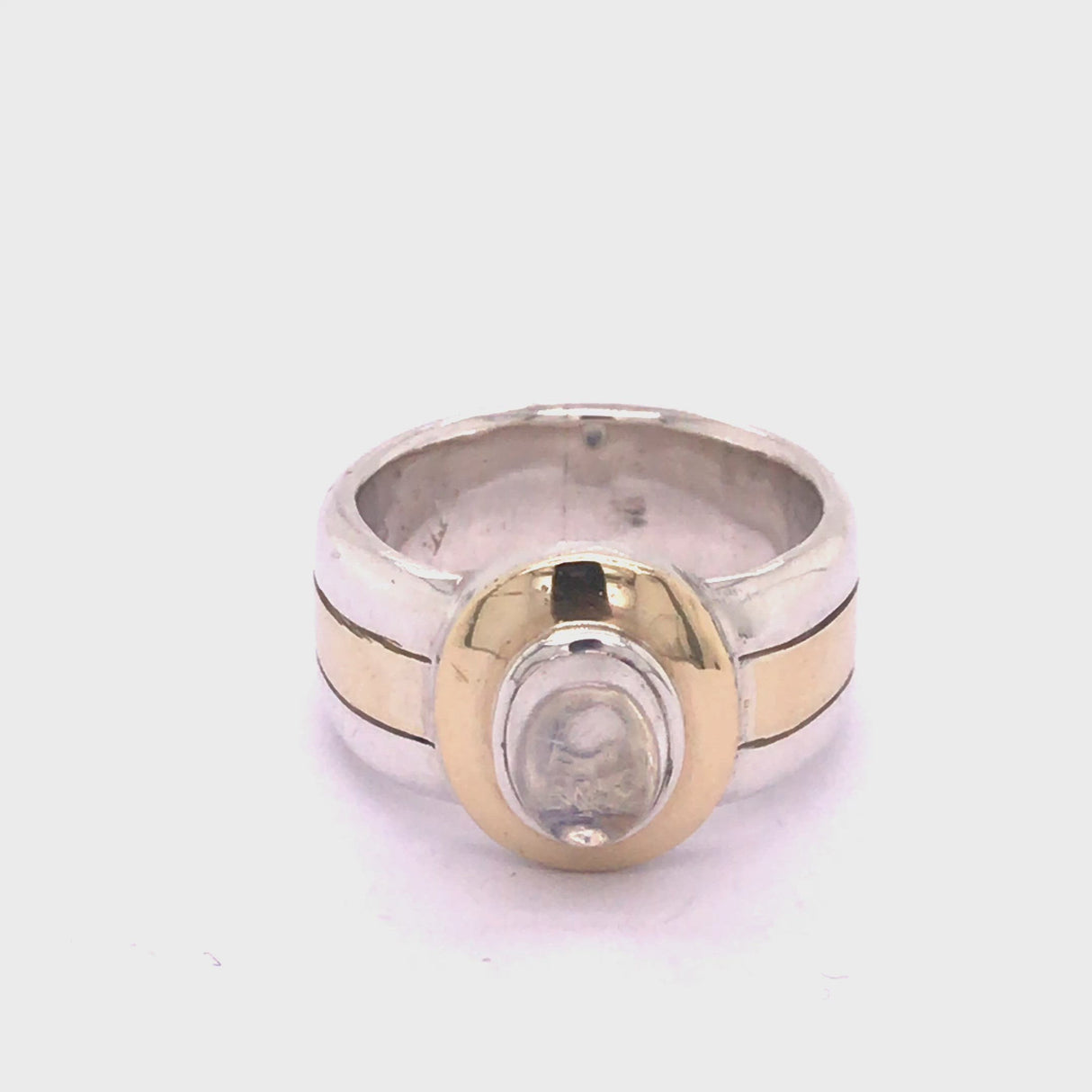 Silver Ring Oval Moonstone with 18ct Gold Stripes